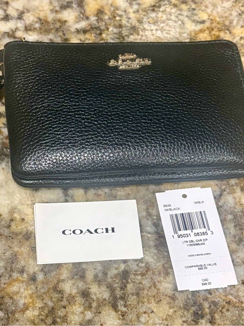 Coach Black Pebbled Leather Wristlet Wallet with Gold Logo
